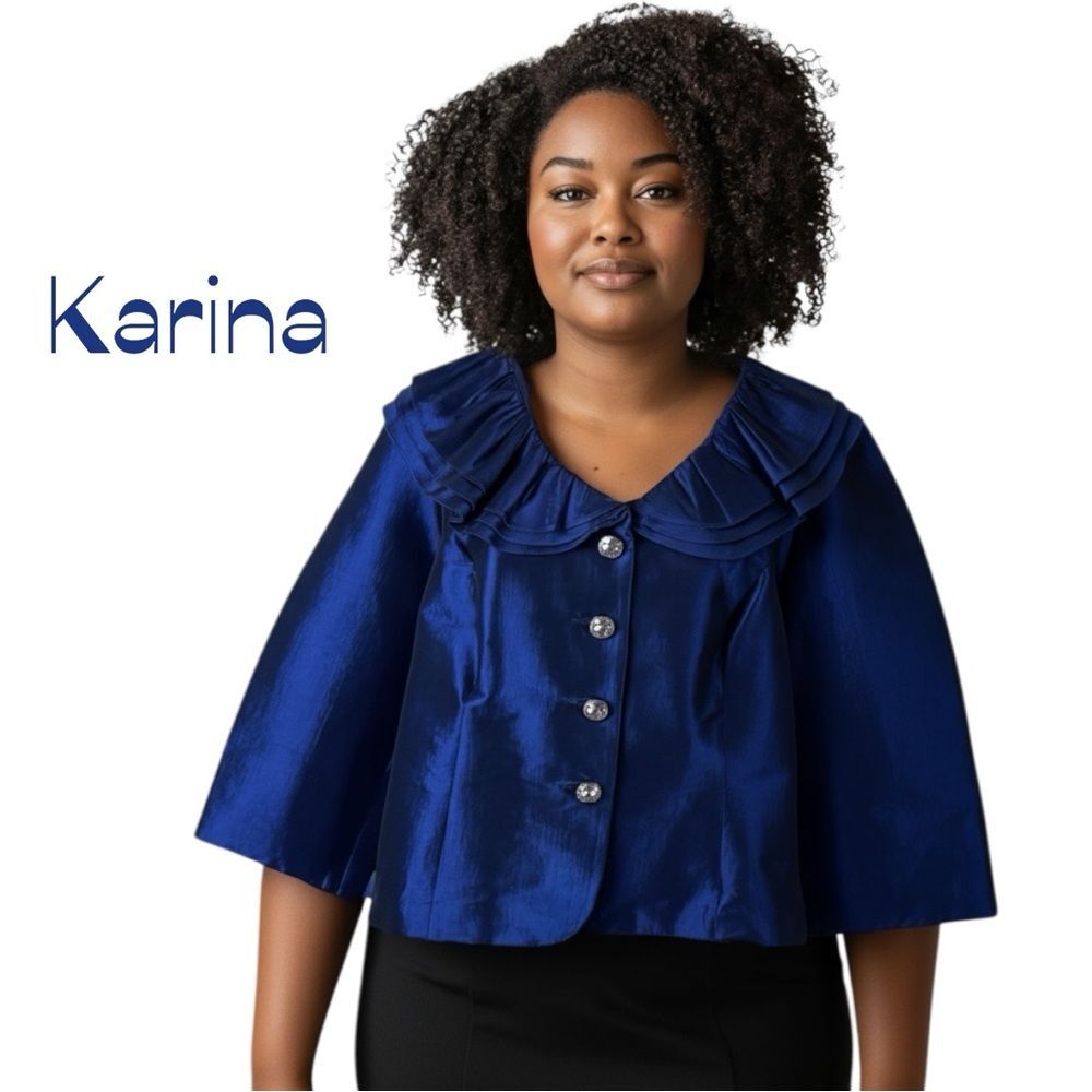 Karina Metallic Blue Ruffle Vintage Jacket Size 16W